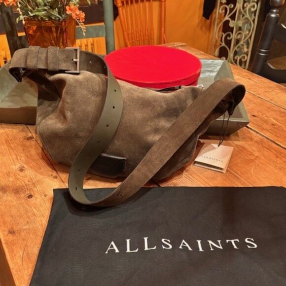 AllSaints Madea Slouch Suede Shoulder Bag ~ Olive Green ~ NEW WITH TAGS - Picture 7 of 9